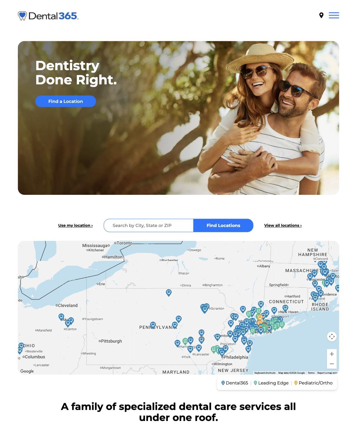 The Dental365 homepage with its location-finder hero