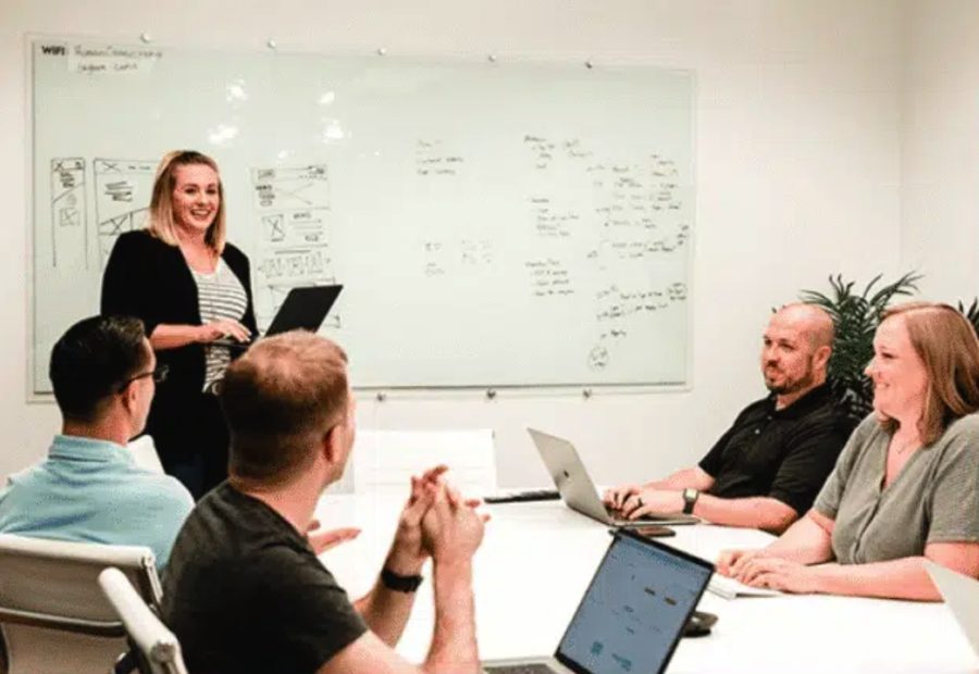 Six of the Carenetic team around a conference table, one of them presenting wireframes at a whiteboard.